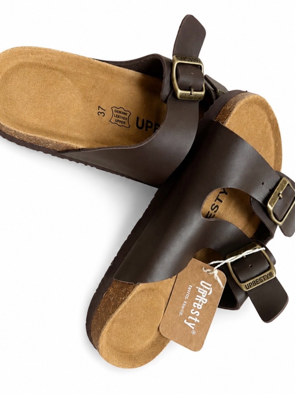 Men's Brown Dual-Buckle Leather Slide Sandals